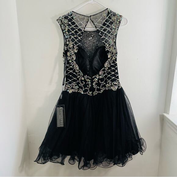 NWT Milano Formals Black Silver Beaded Mesh Keyhole Open Back Formal Prom 10 - Picture 6 of 12